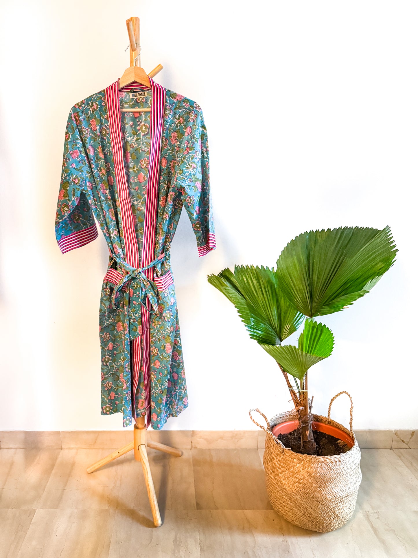 Block Print Kimono -Turquioise with leaves and pink flowers