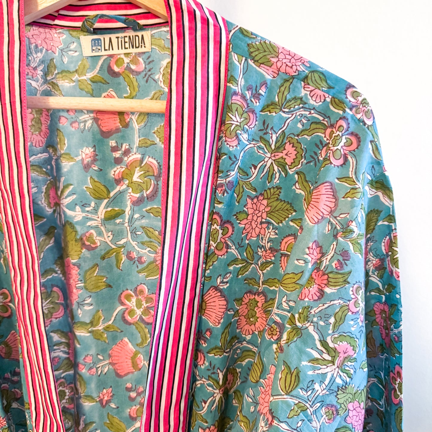 Block Print Kimono -Turquioise with leaves and pink flowers