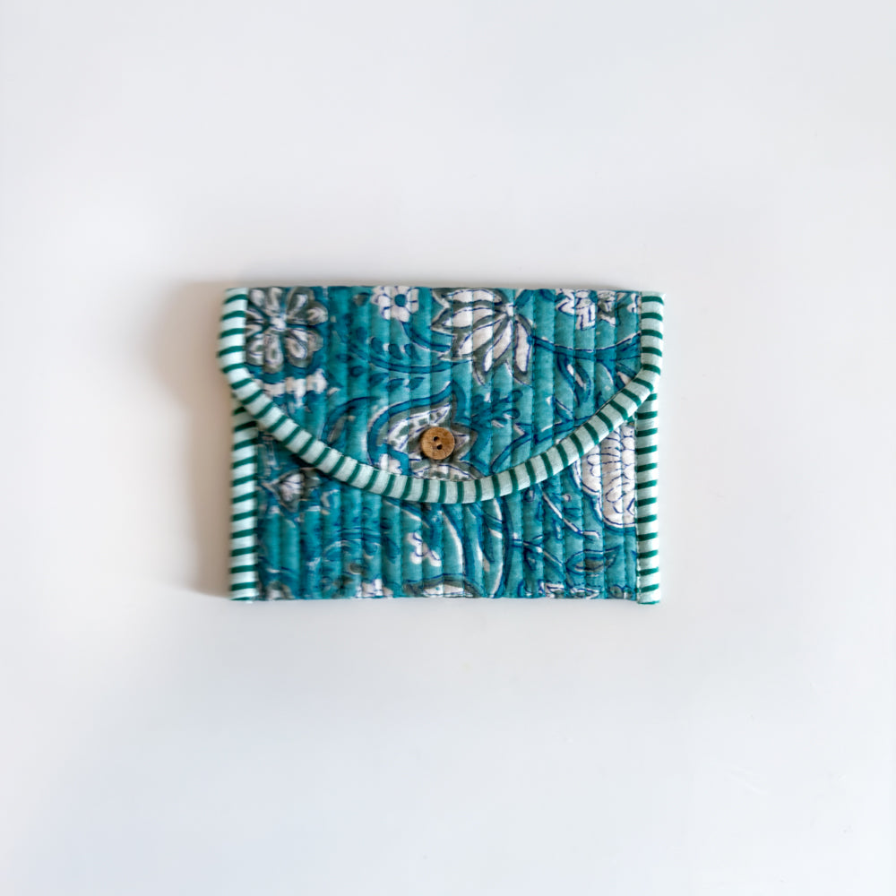 Block Print Quilted Wallet - Turquoise with white flowers