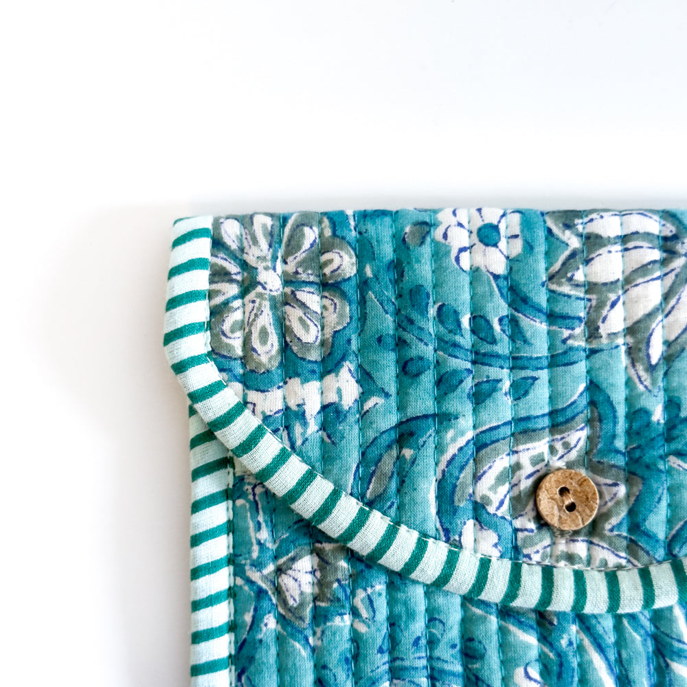 Block Print Quilted Wallet - Turquoise with white flowers