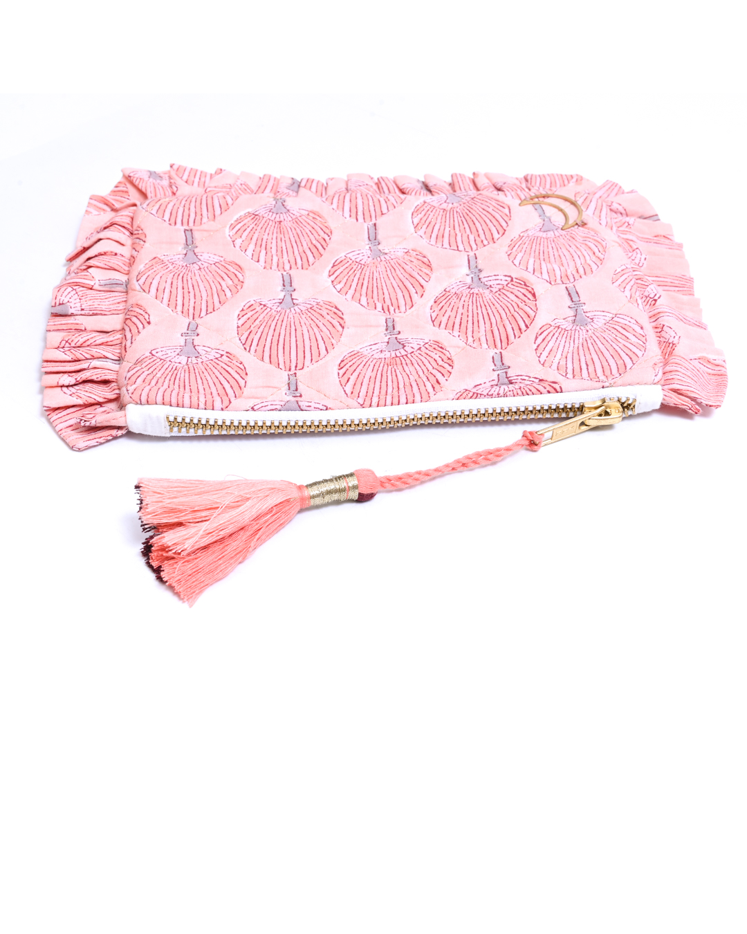 Block Print Ruffle Pouch - Fan Palms On Coral
