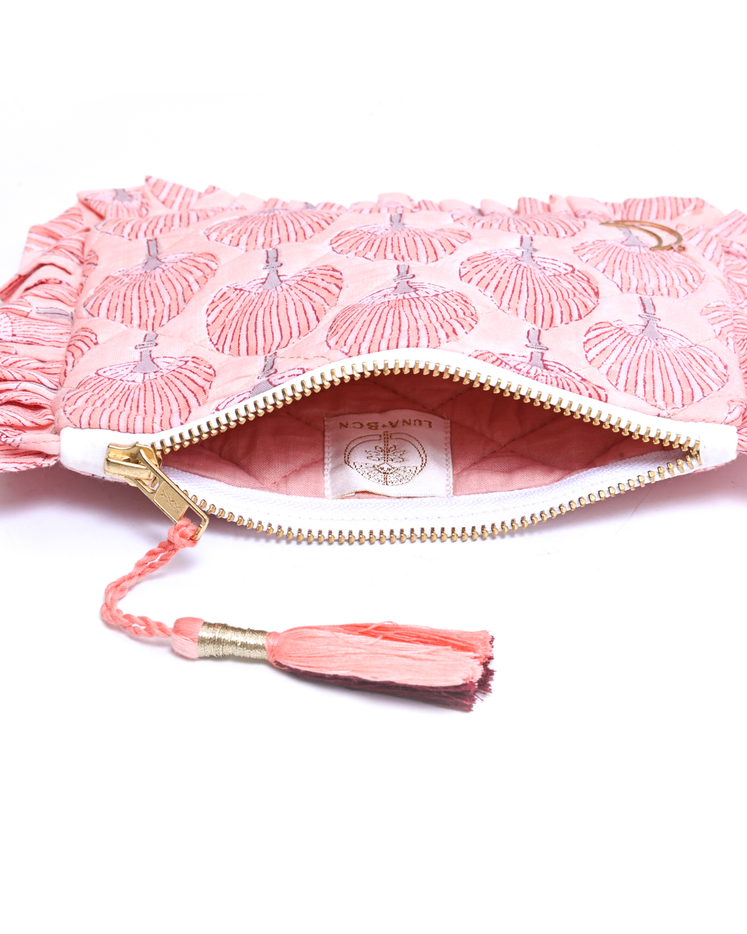 Block Print Ruffle Pouch - Fan Palms On Coral