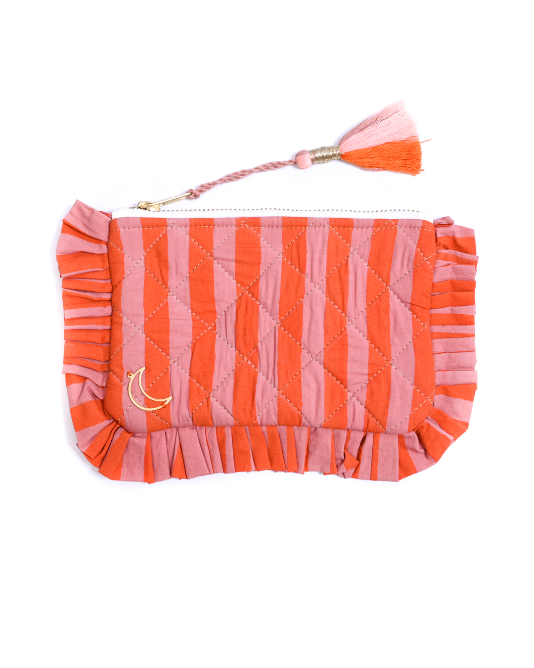 Block Print Ruffle Pouch - Coral & Orange Stripe