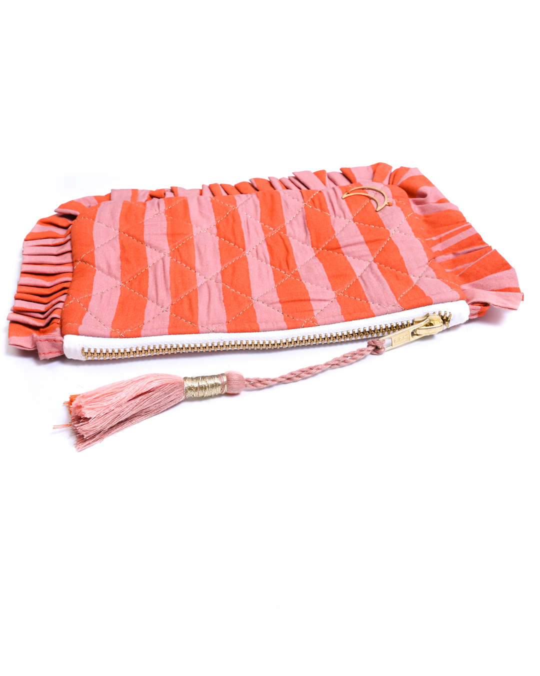 Block Print Ruffle Pouch - Coral & Orange Stripe