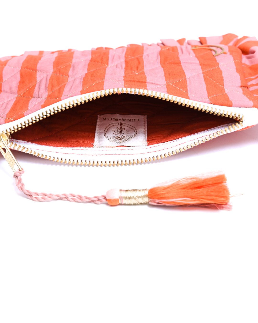 Block Print Ruffle Pouch - Coral & Orange Stripe