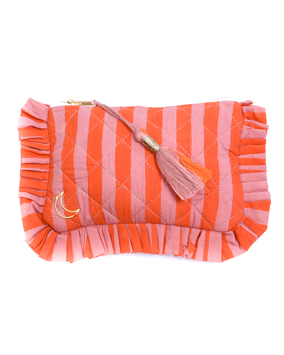 Block Print Ruffle Pouch - Coral & Orange Stripe