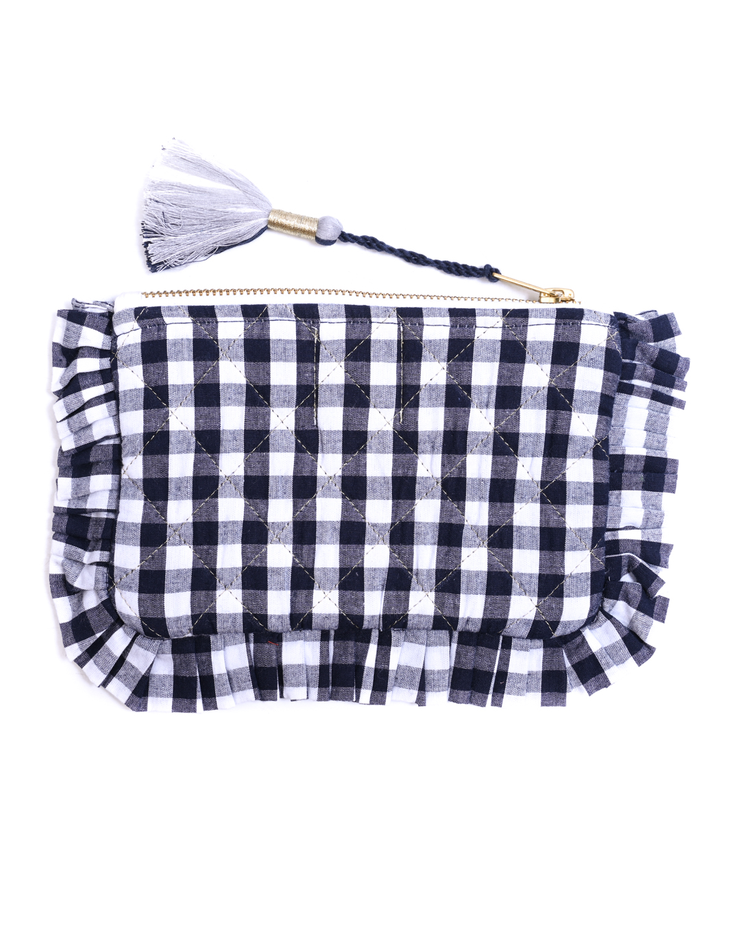 Block Print Ruffle Pouch - Black & White Gingham