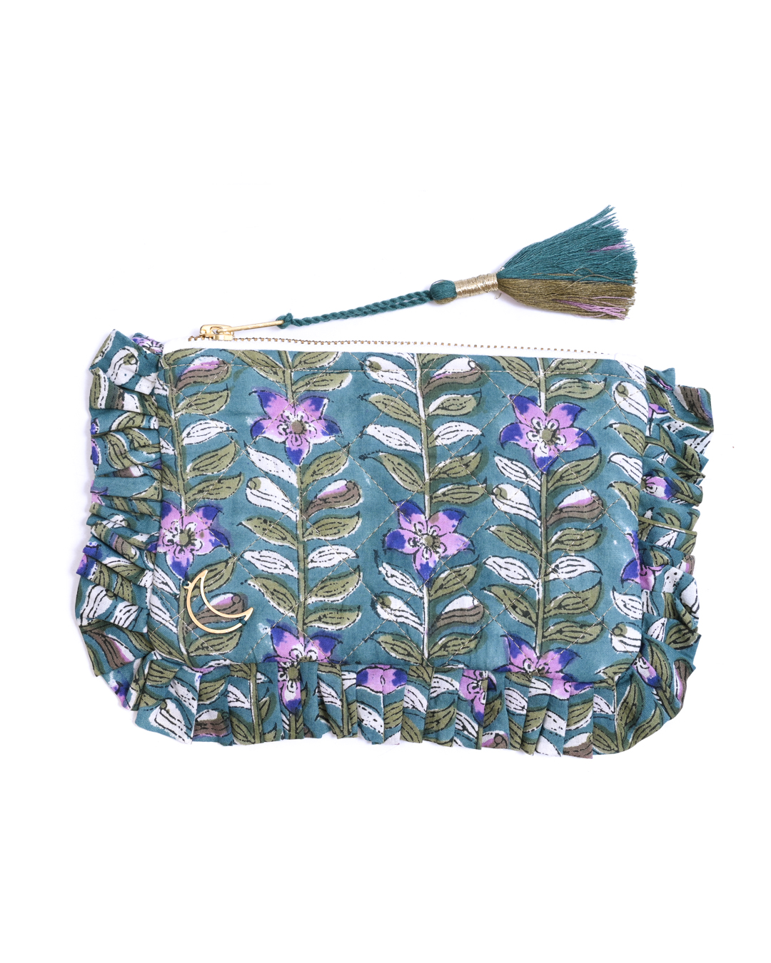 Block Print Ruffle Pouch - Floral Vines On Teal