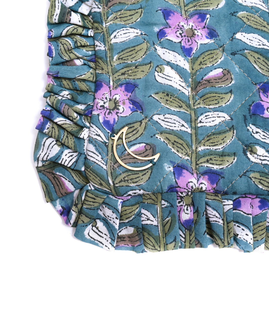Block Print Ruffle Pouch - Floral Vines On Teal