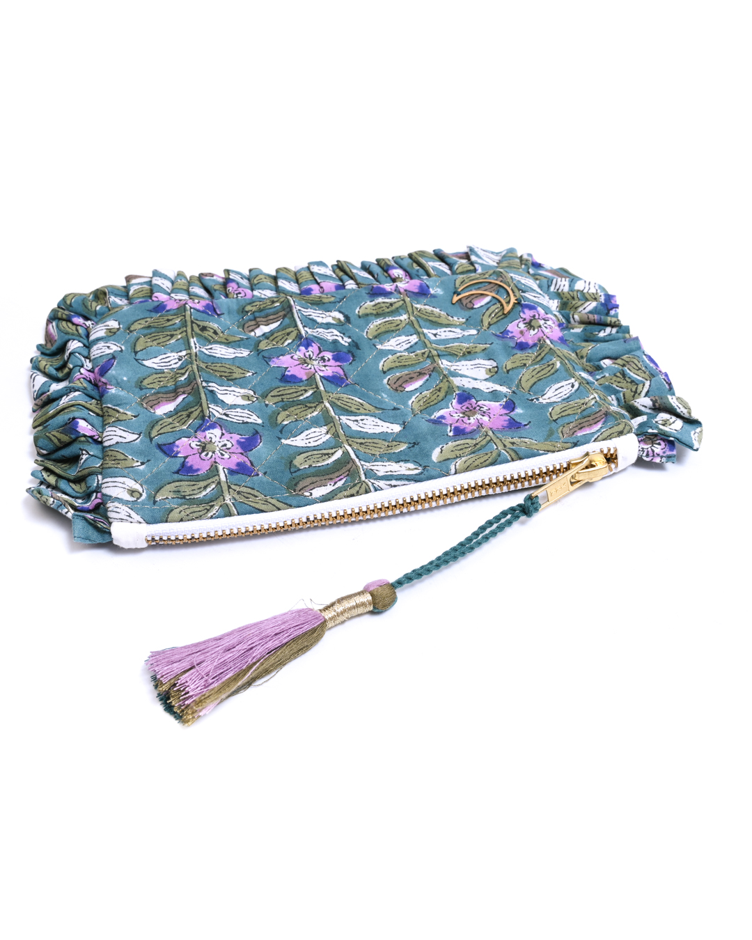 Block Print Ruffle Pouch - Floral Vines On Teal