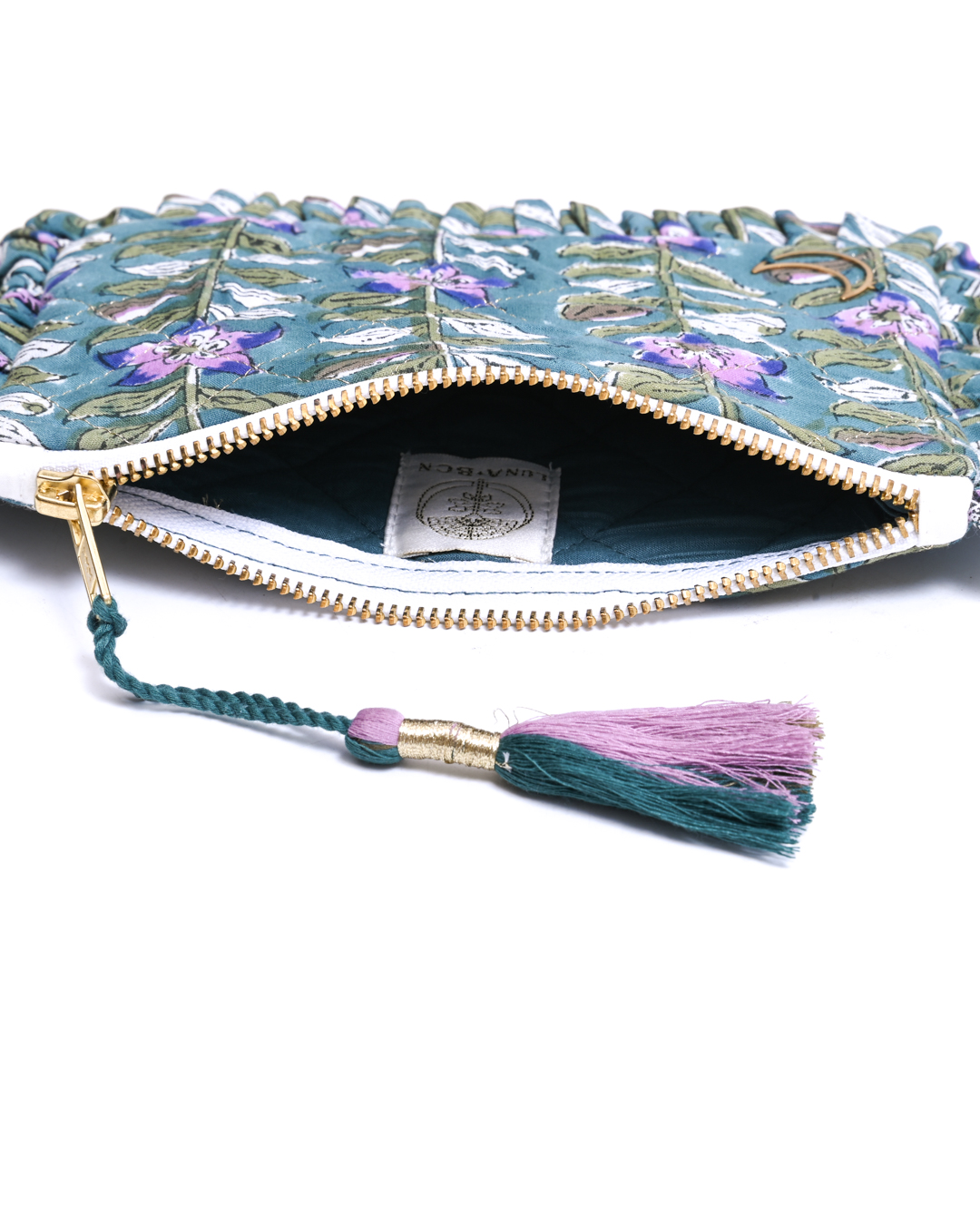 Block Print Ruffle Pouch - Floral Vines On Teal
