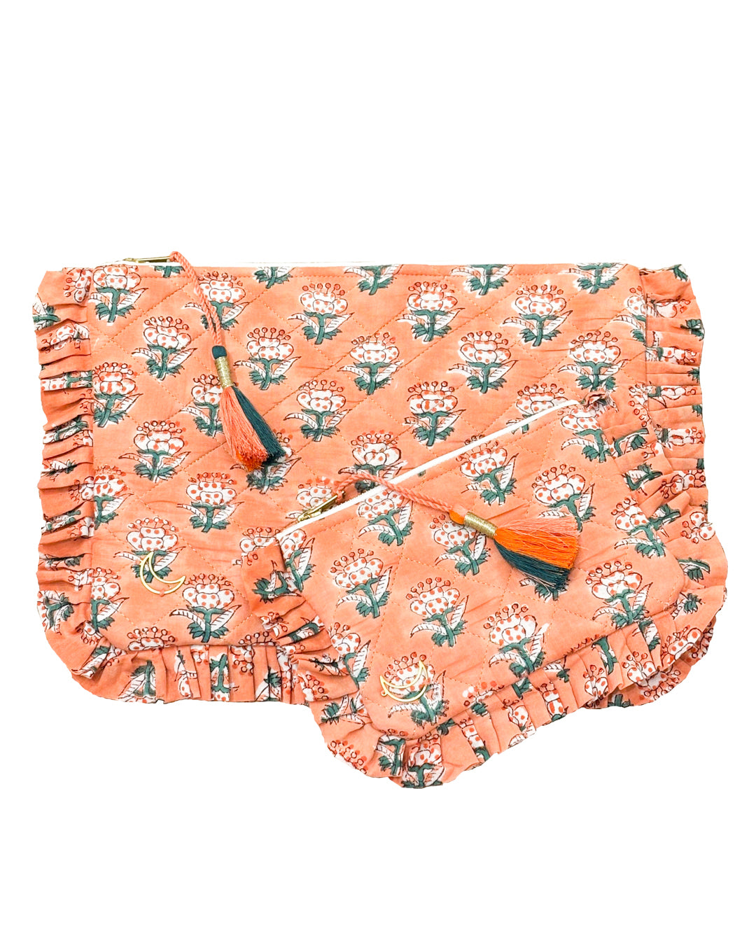 Block Print  Ruffle Pouch - Floral On Coral