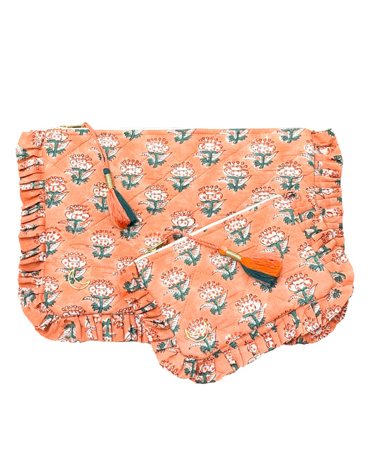 Block Print  Ruffle Pouch - Floral On Coral