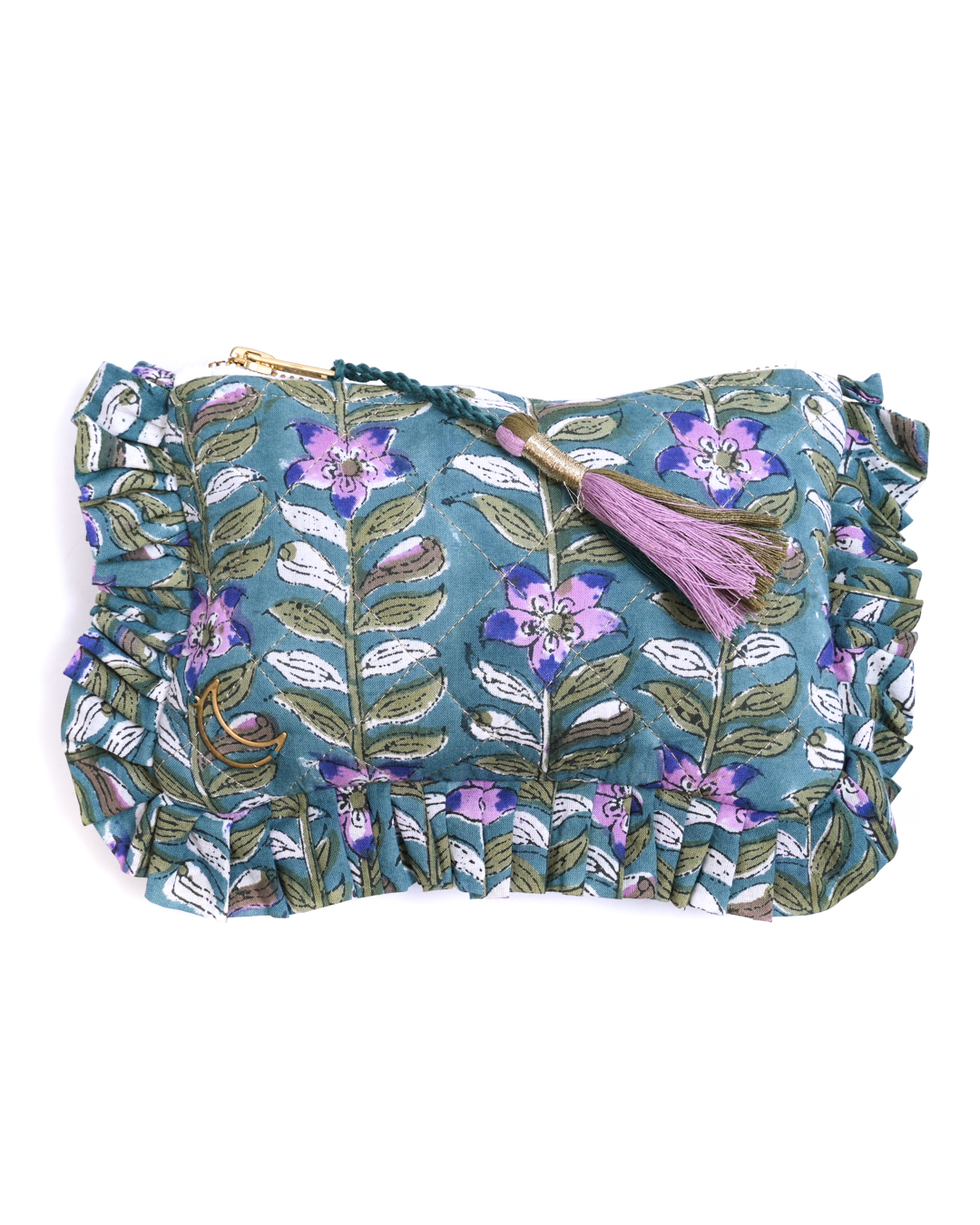 Block Print Ruffle Pouch - Floral Vines On Teal