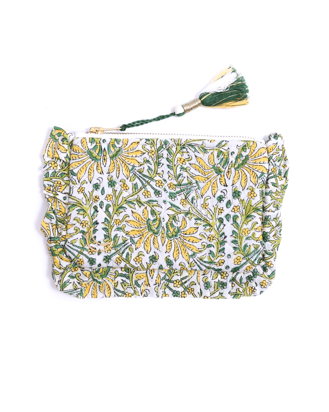 Block Print  Ruffle Pouch - Yellow Floral