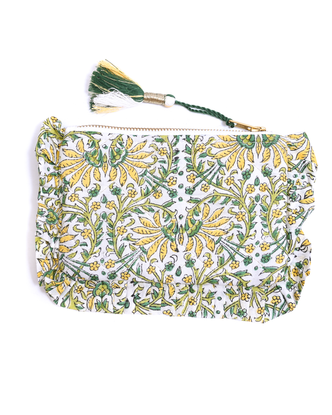 Block Print  Ruffle Pouch - Yellow Floral