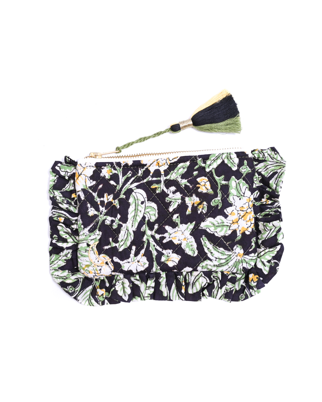 Block Print Ruffle Pouch - Floral On Black