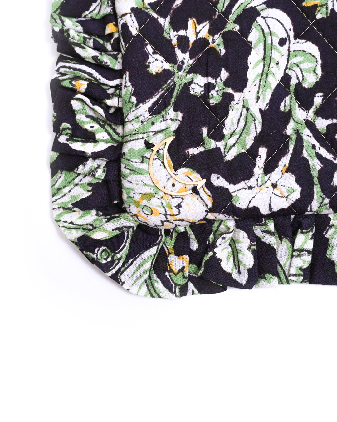 Block Print Ruffle Pouch - Floral On Black