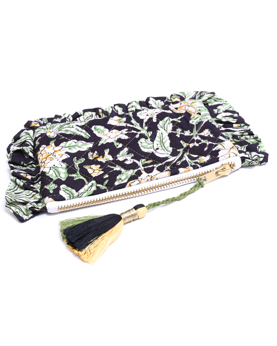 Block Print Ruffle Pouch - Floral On Black