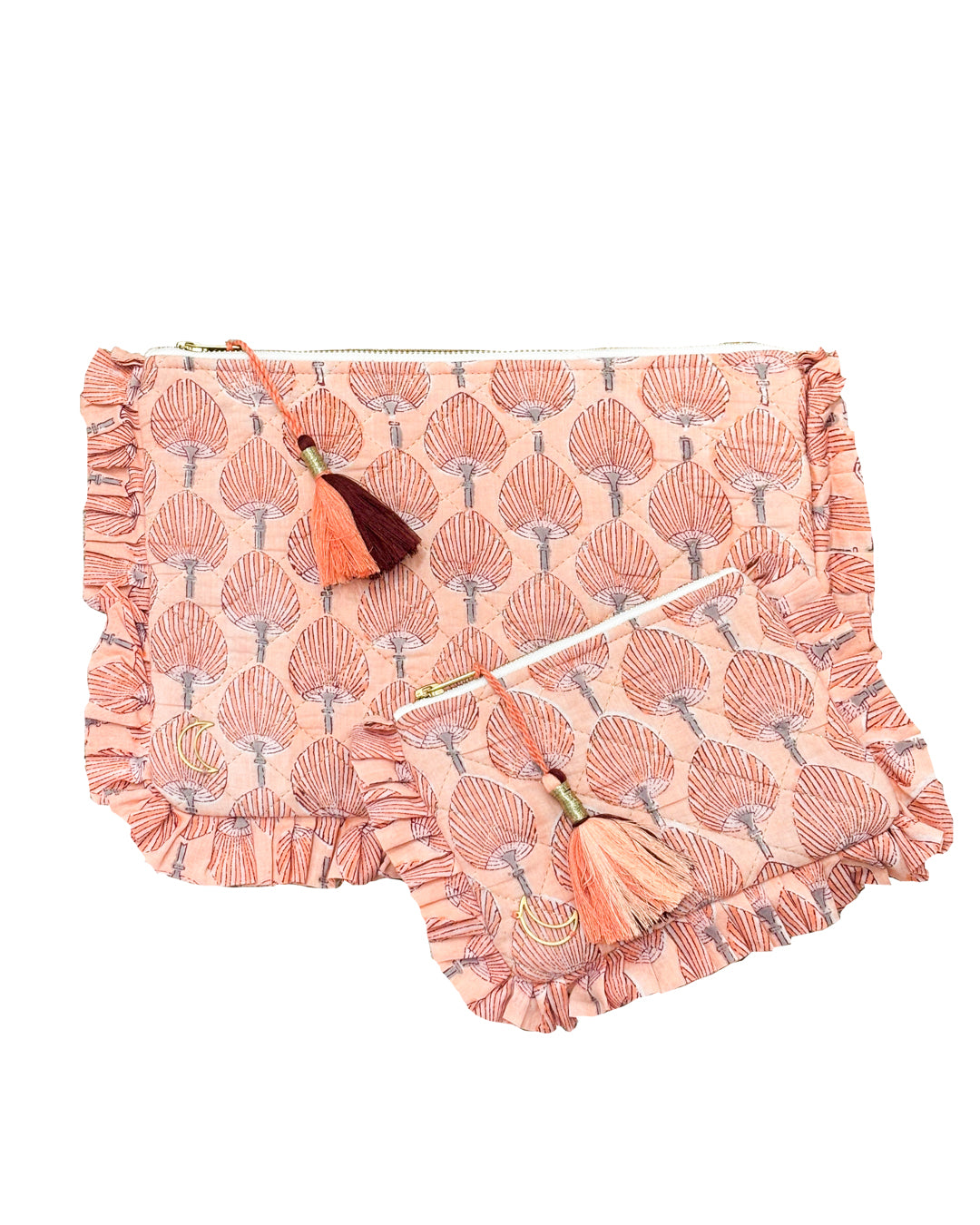 Block Print Ruffle Pouch - Fan Palms On Coral