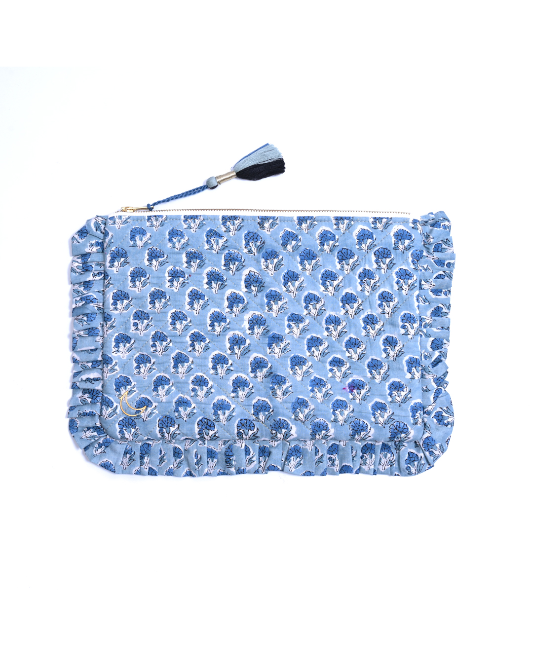 Block Print Ruffle Pouch - Floral On Sky Blue