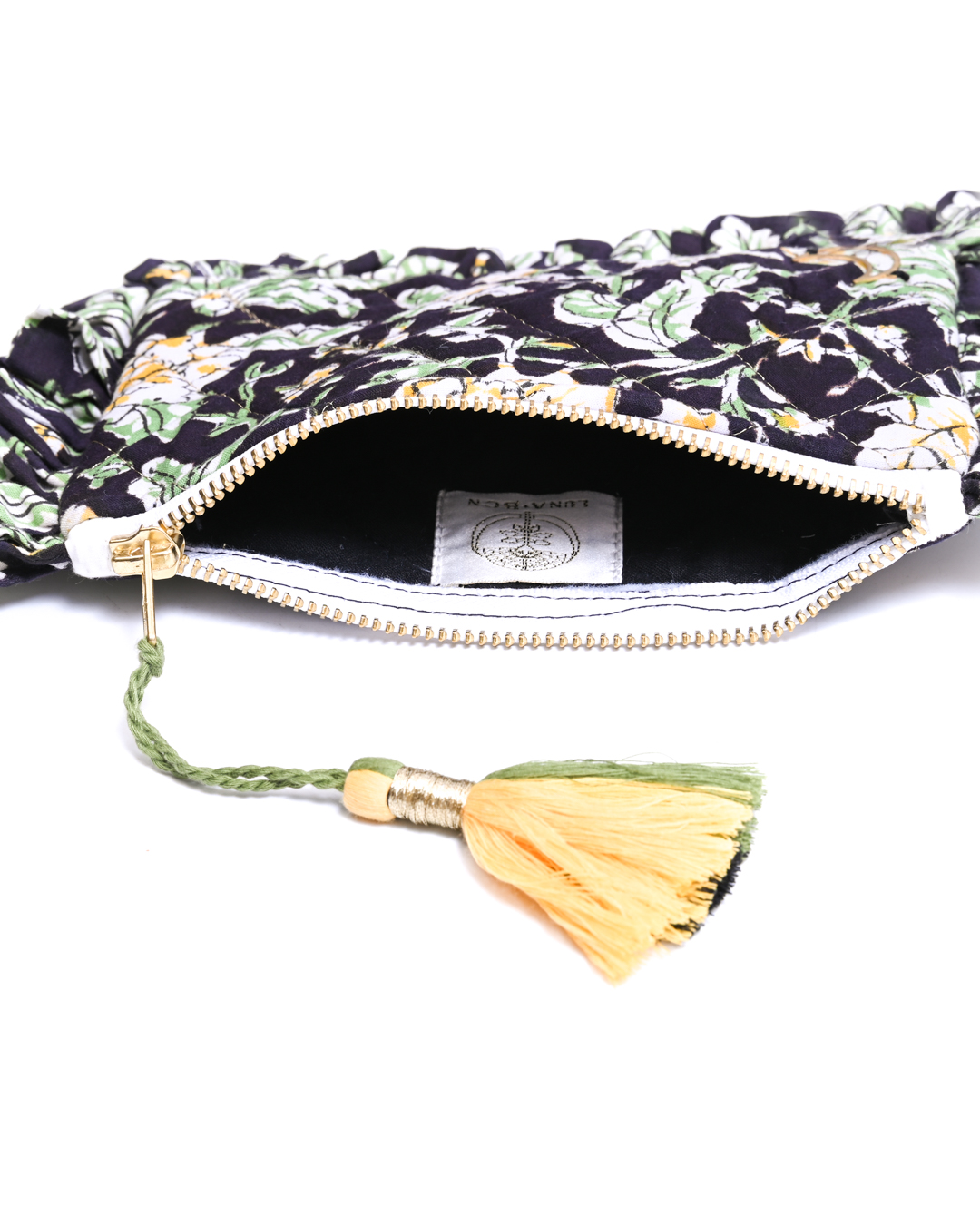 Block Print Ruffle Pouch - Floral On Black