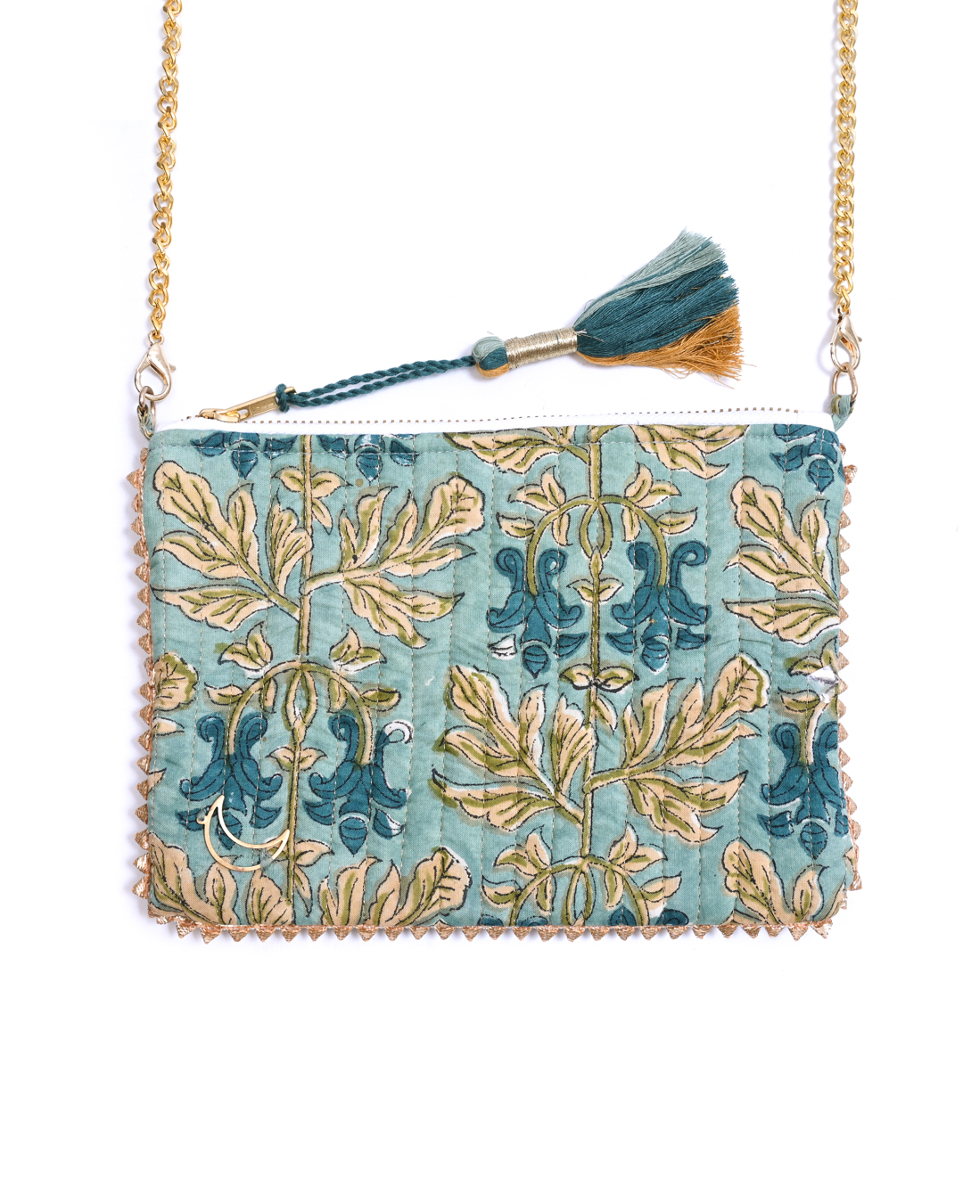 Block Print Clutch - Gold Leaves On Green