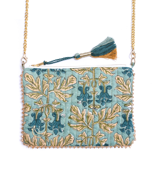 Block Print Clutch - Gold Leaves On Green