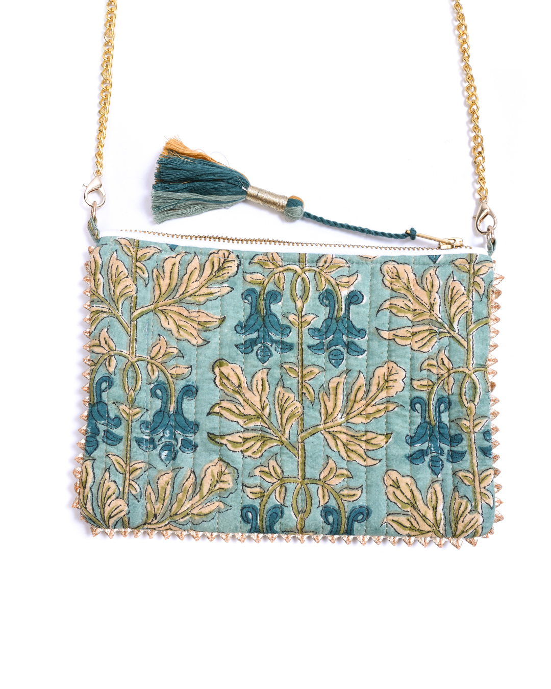 Block Print Clutch - Gold Leaves On Green