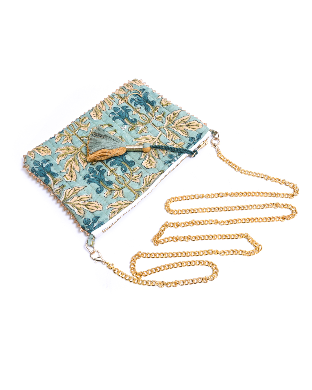 Block Print Clutch - Gold Leaves On Green