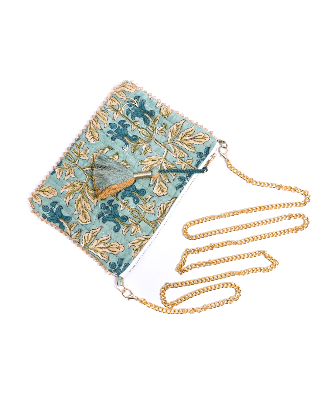 Block Print Clutch - Gold Leaves On Green