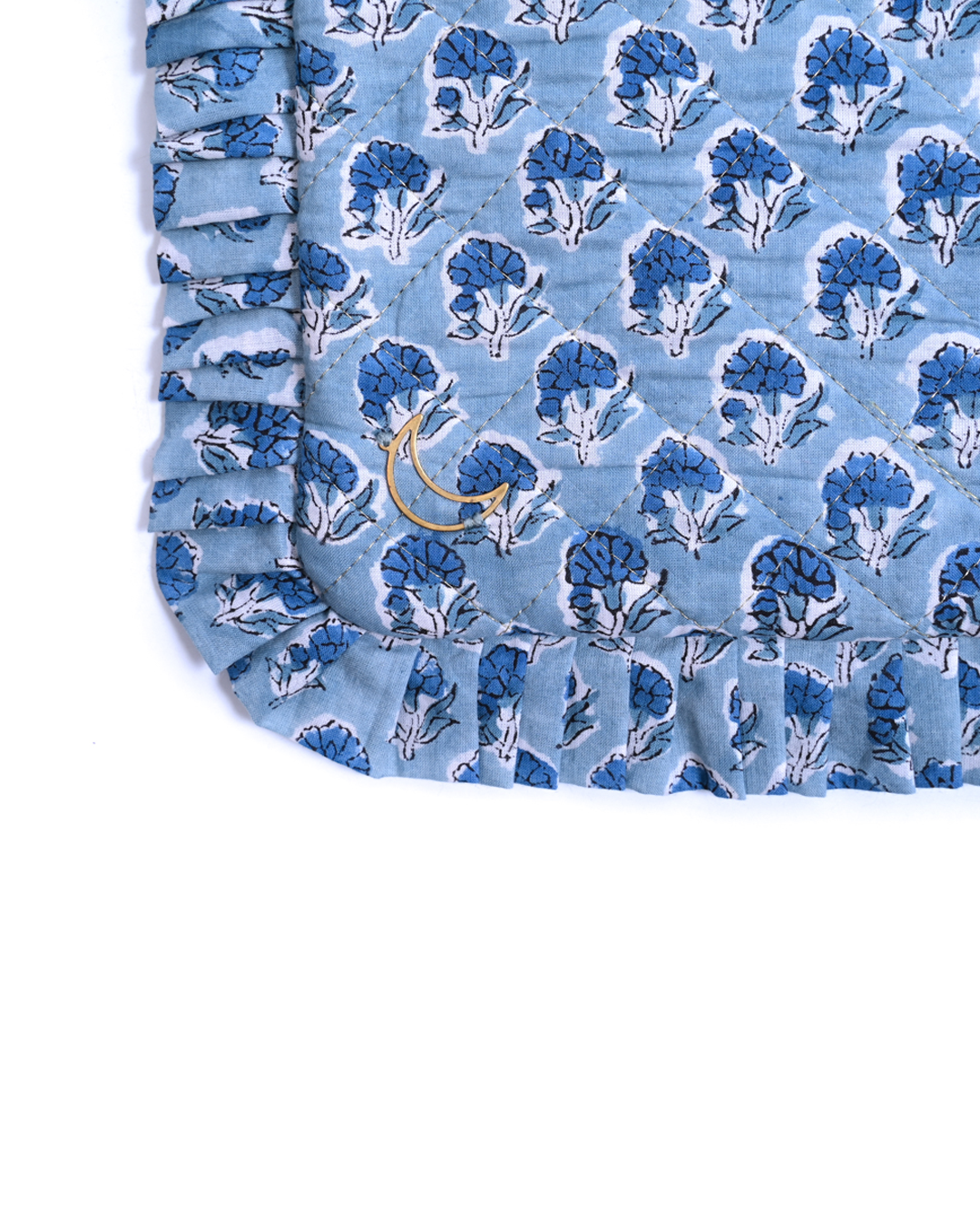 Block Print Ruffle Pouch - Floral On Sky Blue