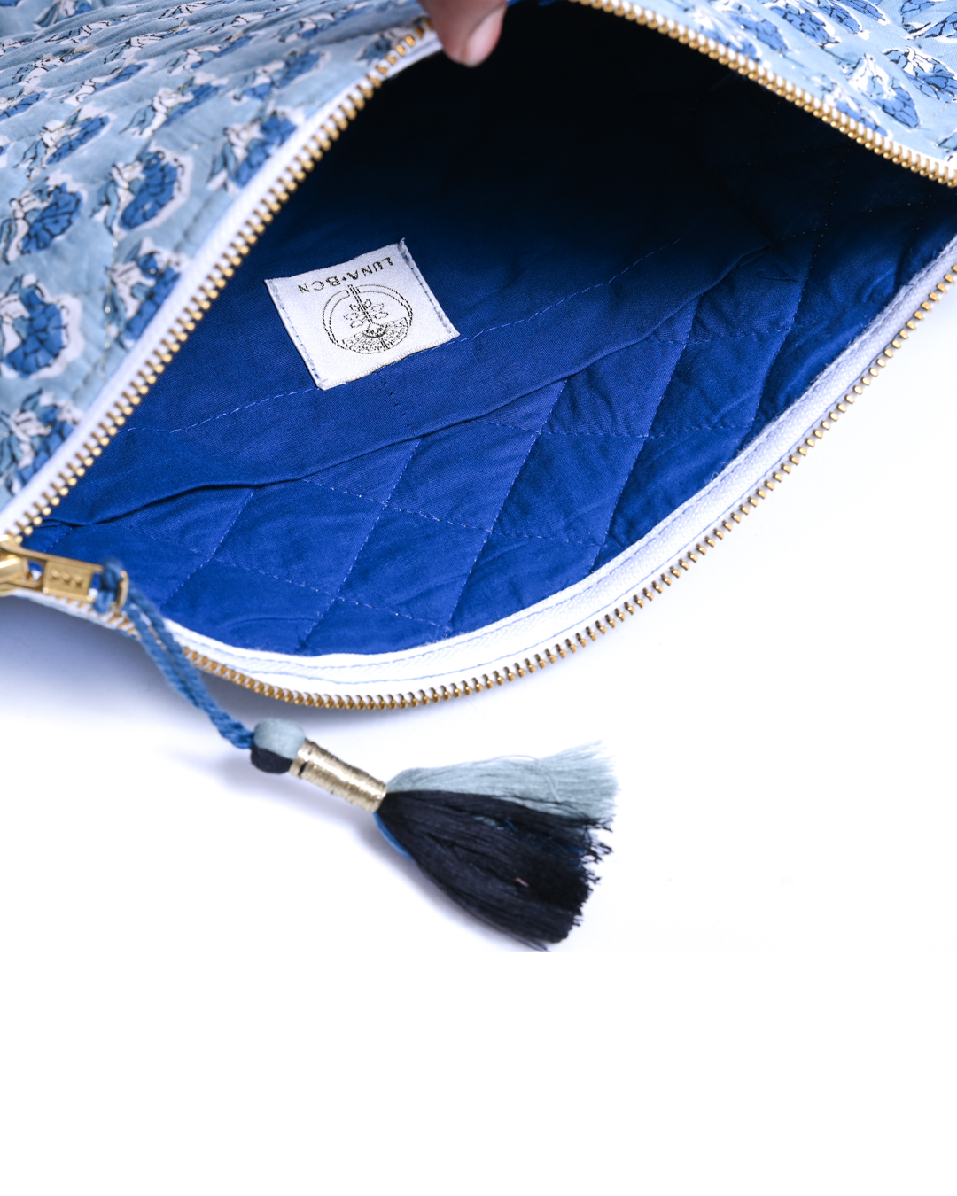 Block Print Ruffle Pouch - Floral On Sky Blue