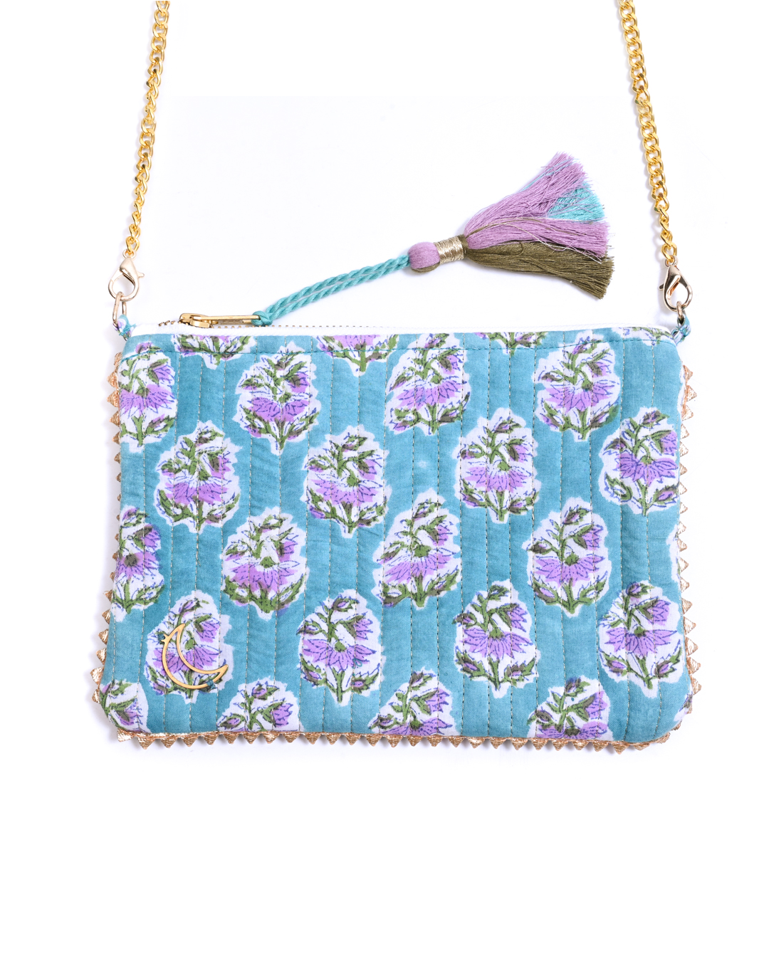 Block Print Clutch - Floral On Turquoise