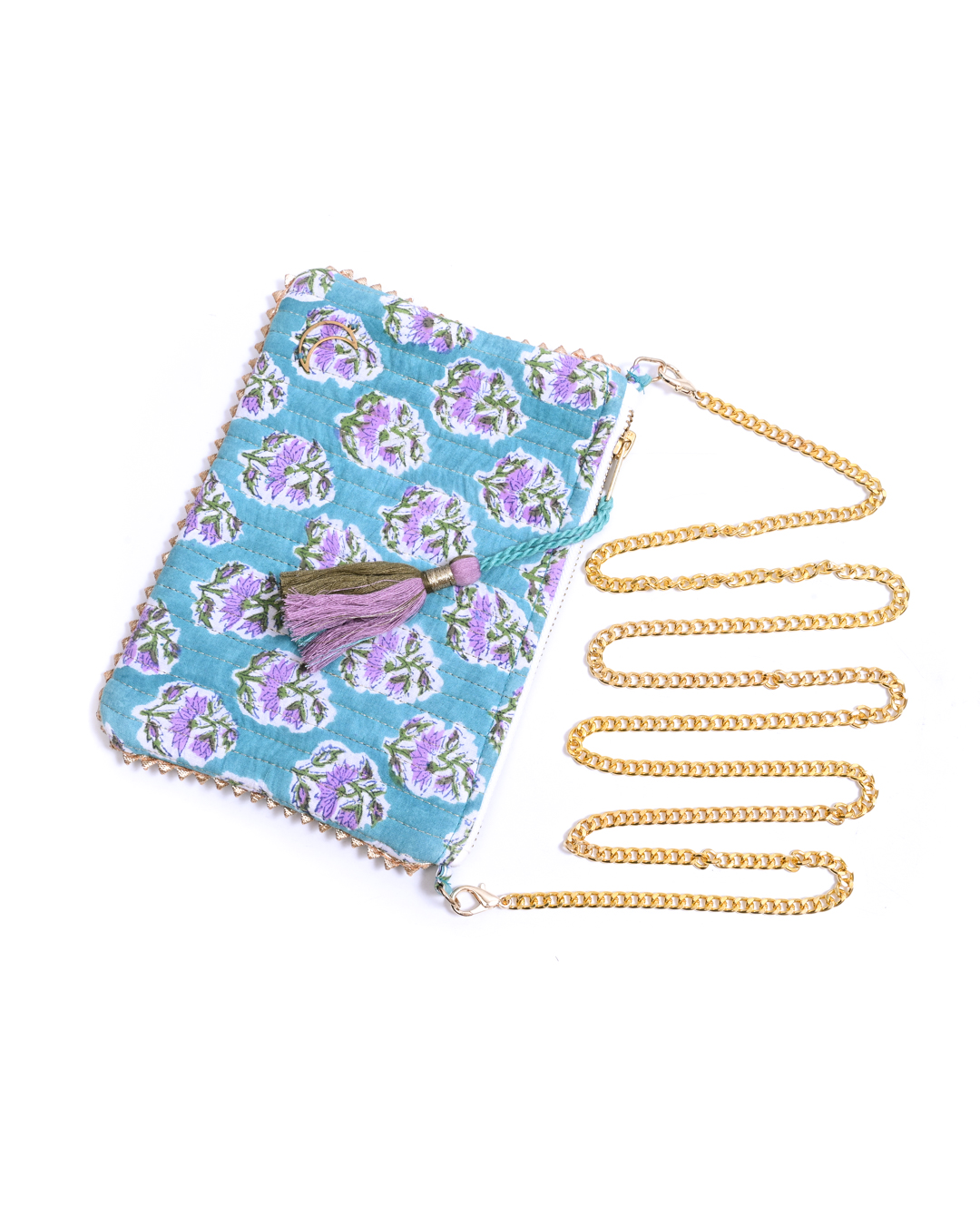 Block Print Clutch - Floral On Turquoise