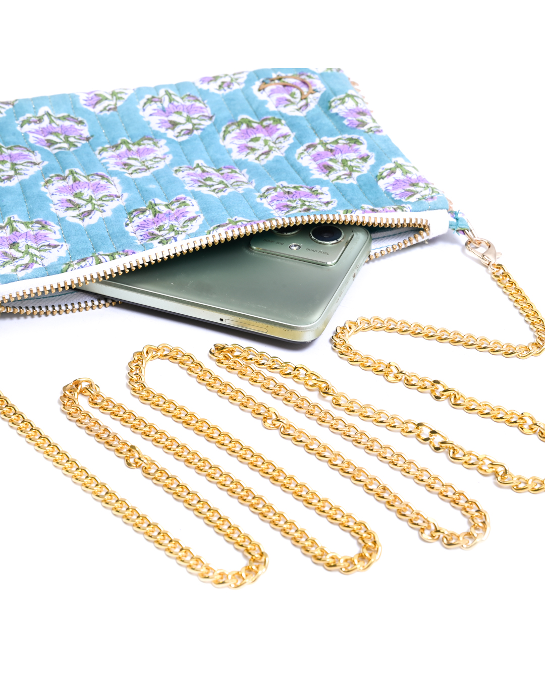 Block Print Clutch - Floral On Turquoise