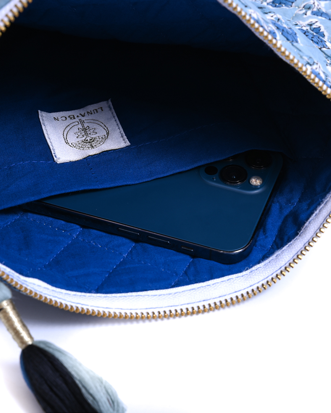 Block Print Ruffle Pouch - Floral On Sky Blue