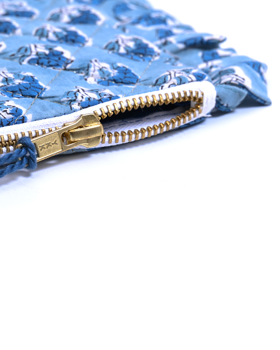 Block Print Ruffle Pouch - Floral On Sky Blue