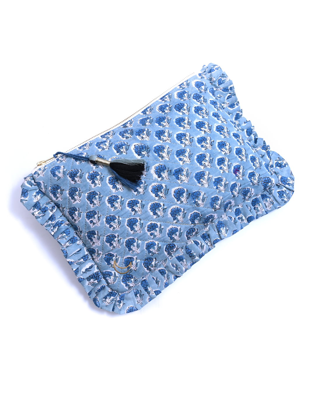 Block Print Ruffle Pouch - Floral On Sky Blue