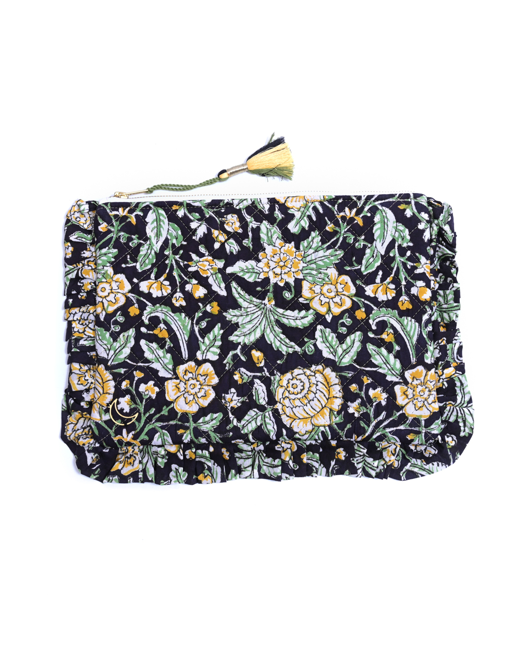 Block Print Ruffle Pouch - Floral On Black
