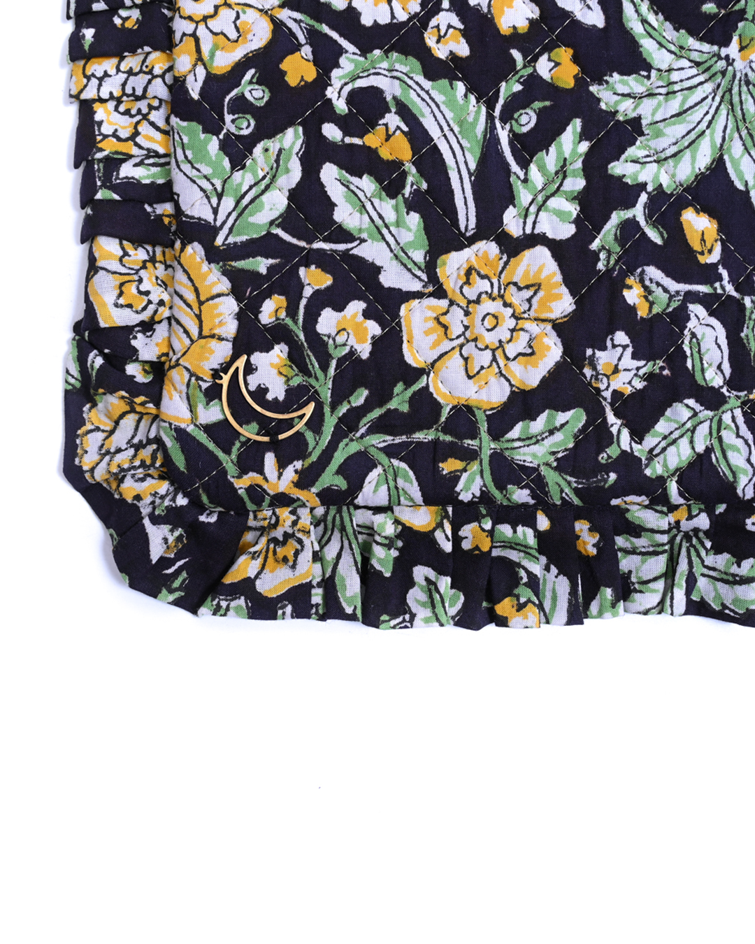 Block Print Ruffle Pouch - Floral On Black