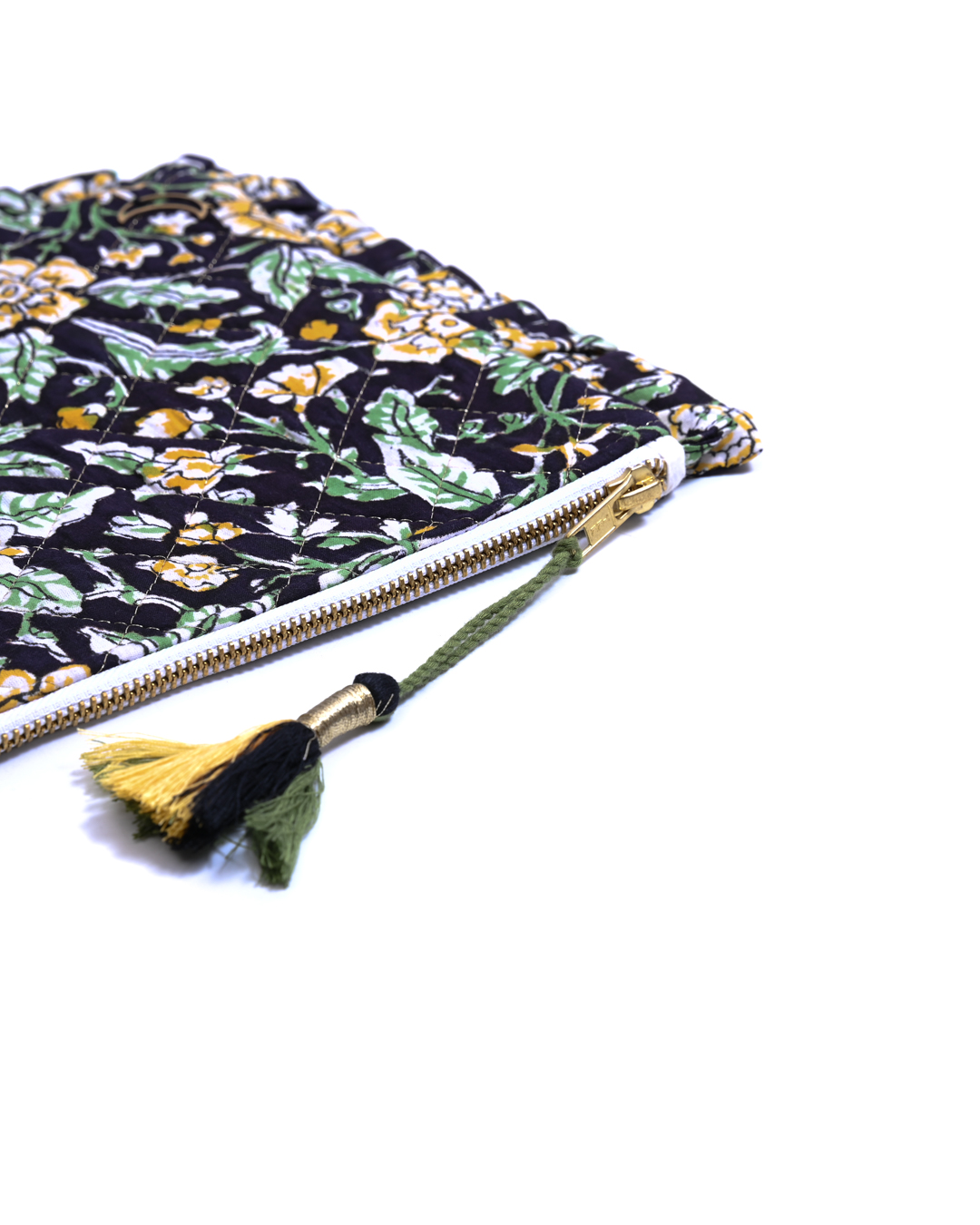 Block Print Ruffle Pouch - Floral On Black