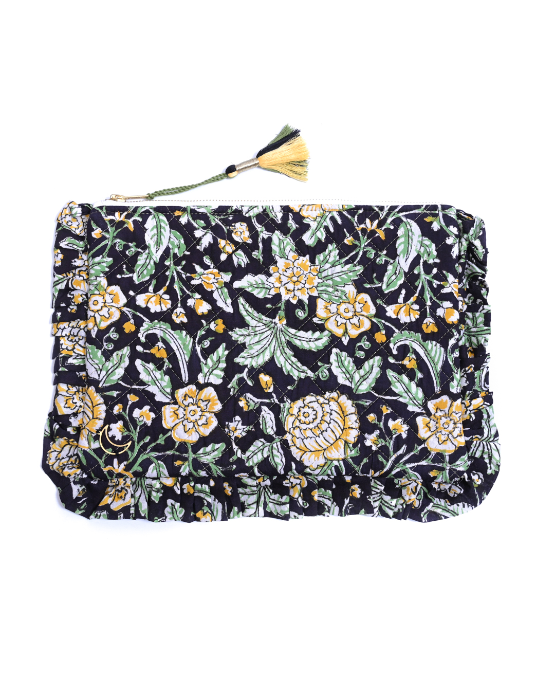 Block Print Ruffle Pouch - Floral On Black