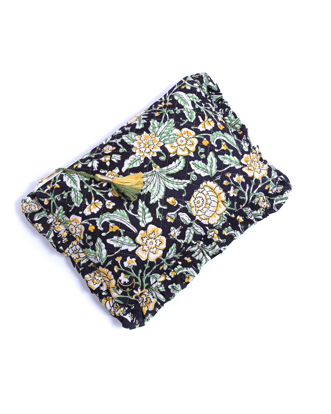 Block Print Ruffle Pouch - Floral On Black