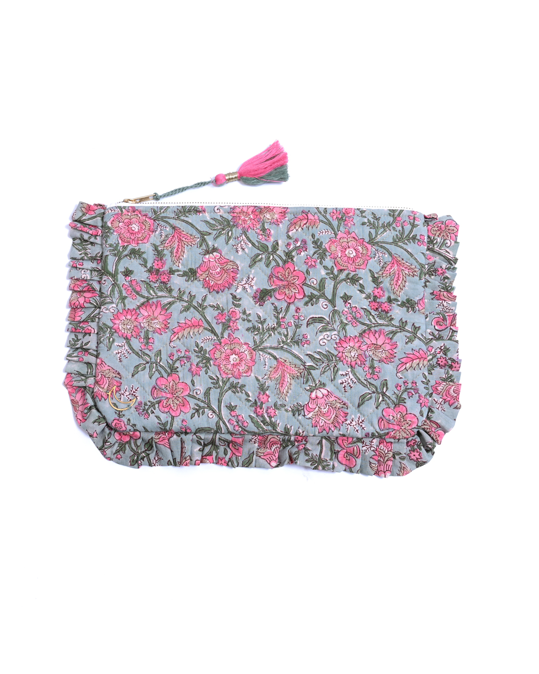 Block Print Ruffle Pouch - Pink Floral On Mint