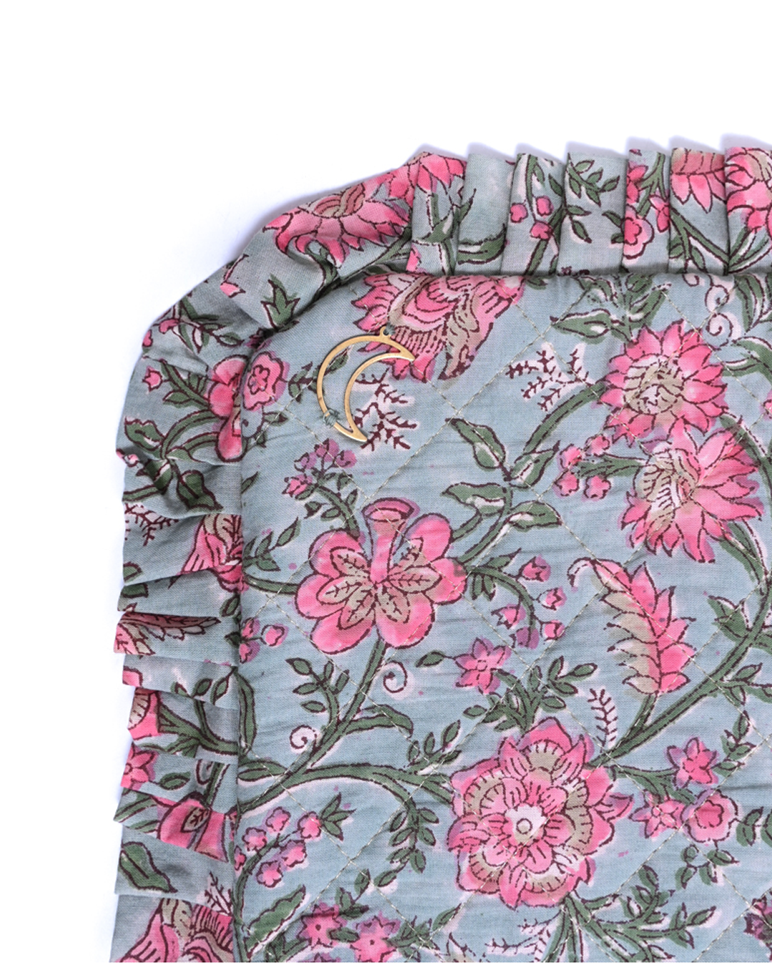 Block Print Ruffle Pouch - Pink Floral On Mint