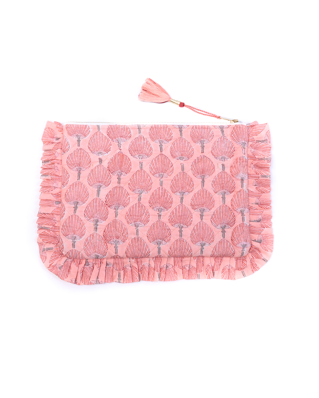 Block Print Ruffle Pouch - Fan Palms On Coral