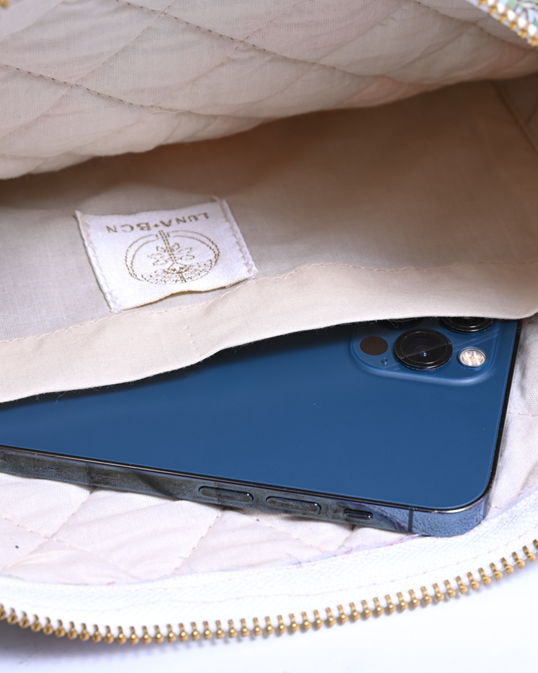 Block Print Ruffle Pouch - Pink Floral On Mint