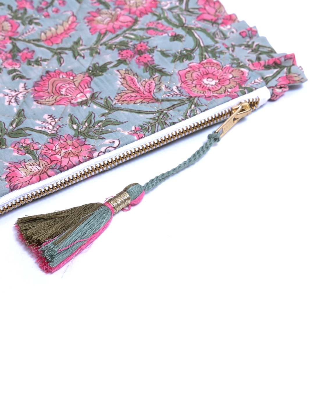 Block Print Ruffle Pouch - Pink Floral On Mint