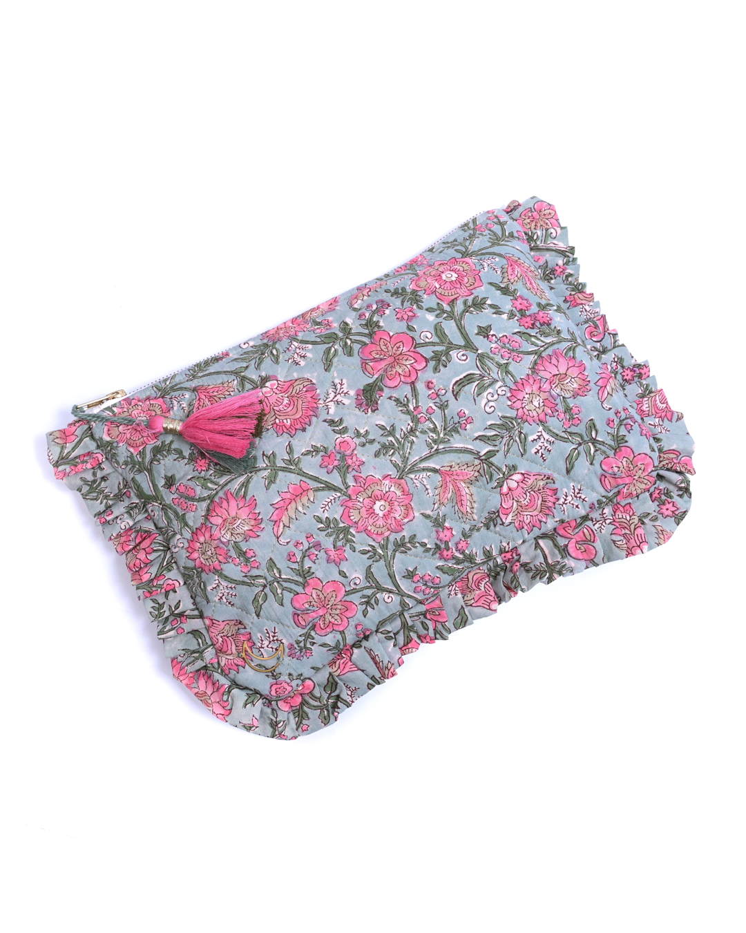Block Print Ruffle Pouch - Pink Floral On Mint